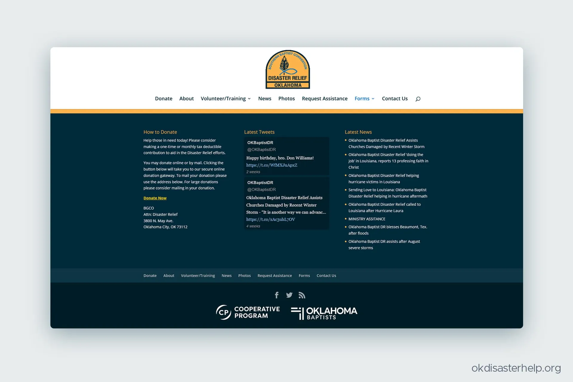 The Oklahoma Baptists Disaster Relief website, themed with the new Oklahoma Baptists identity system