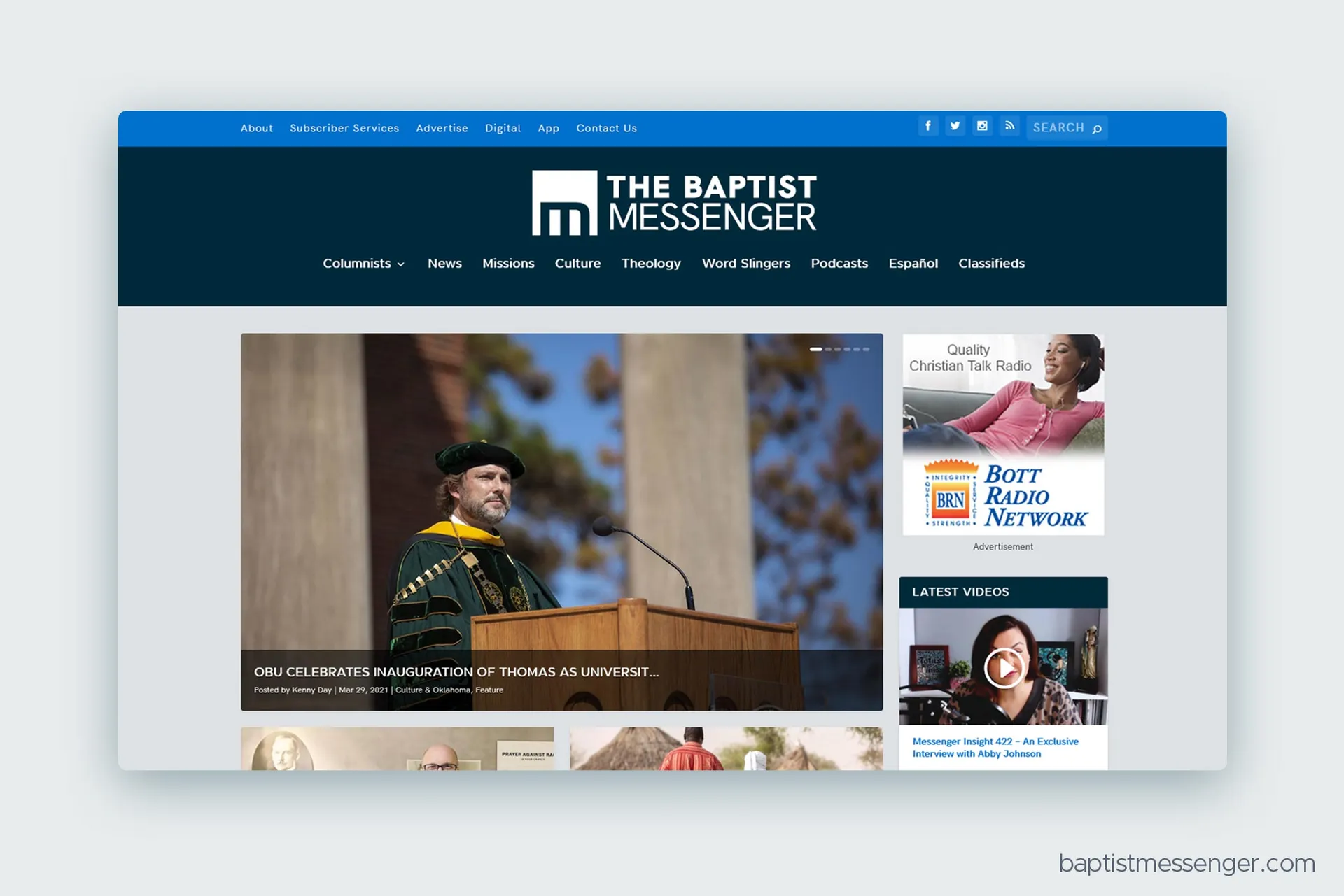 The Baptist Messenger website, themed with the new Oklahoma Baptists identity system